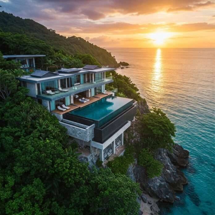 Aerial Infinity Pool Villa at Sunset Aerial Infinity Pool Villa at Sunset