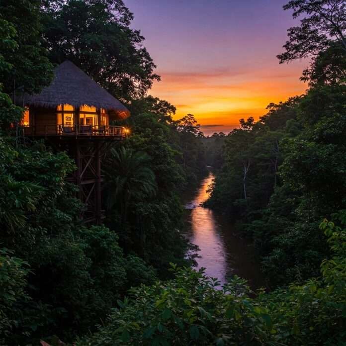 Jungle Retreat at Dusk: Treehouse & Sunset Reflection