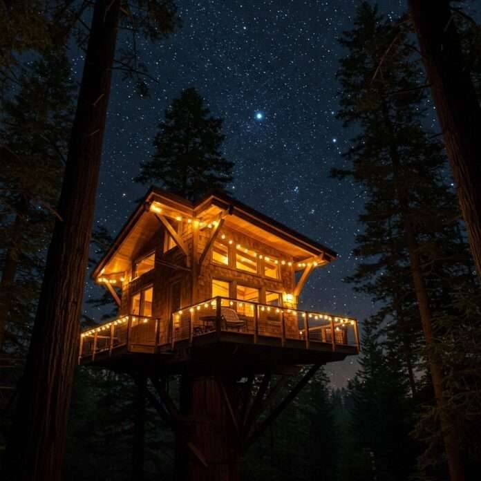 Breathtaking Illuminated Treehouse Under Starry Sky