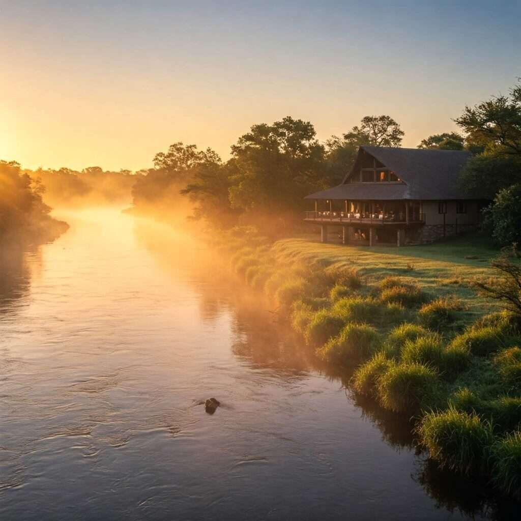 Serene River Sunrise with Luxurious Lodge