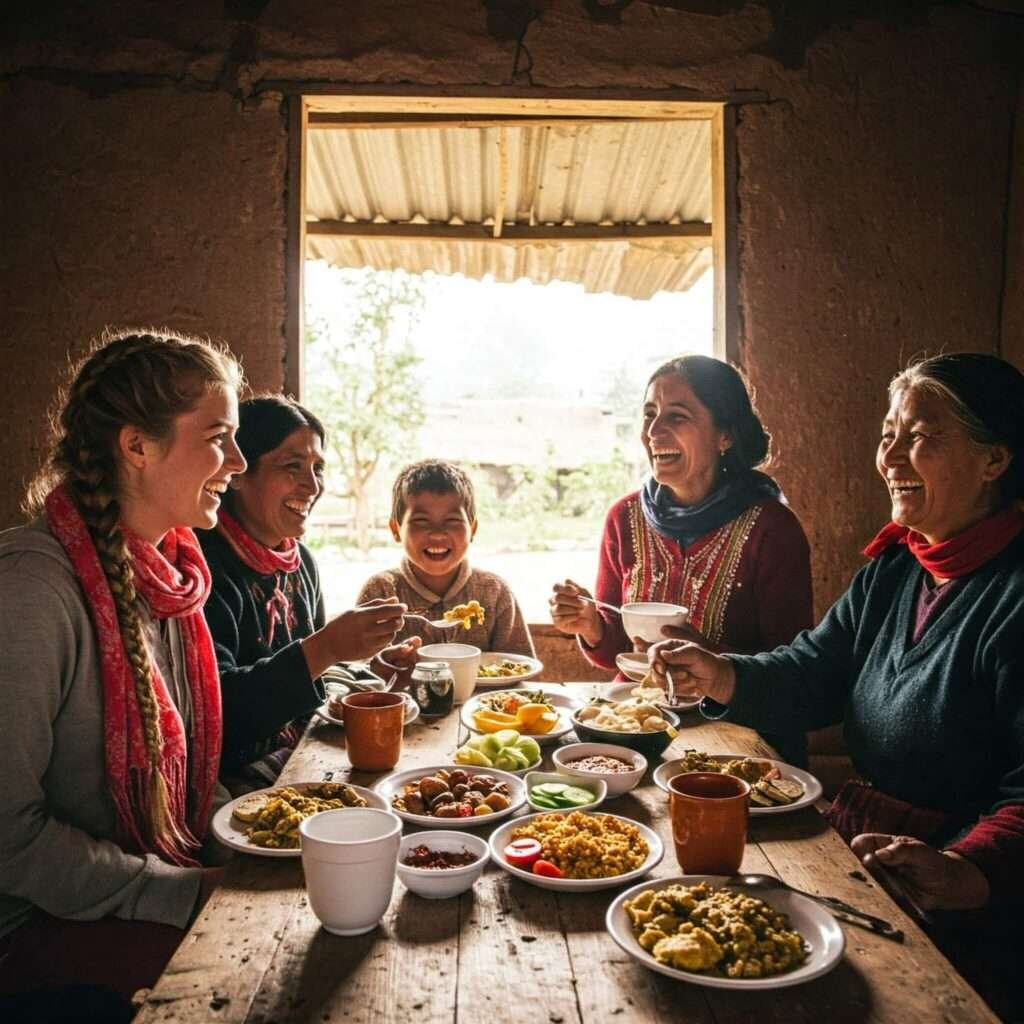 Sharing a Village Meal: Traveler and Family