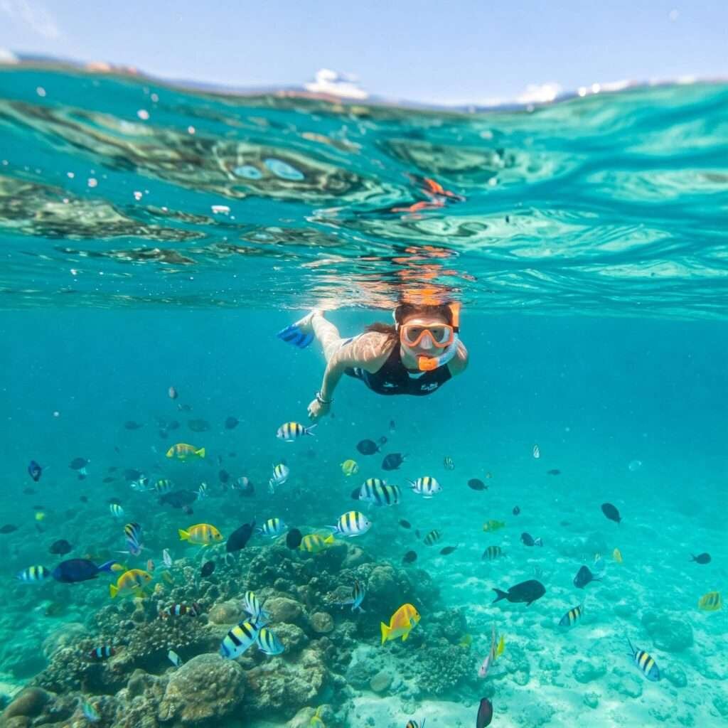 Snorkeler Swimming Among Colorful Fish