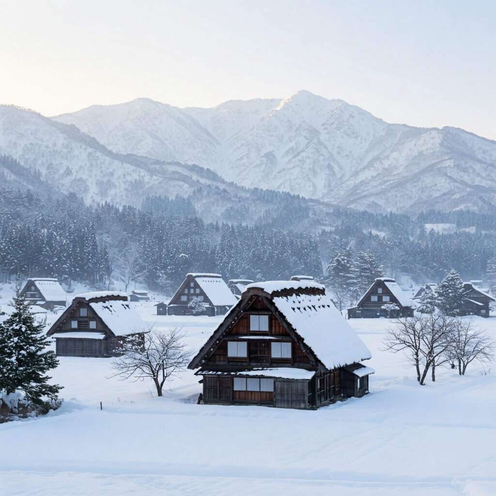 Snowy Gassho-zukuri: Misty Mountains & Farmhouses
Snowy Gassho-zukuri: Misty Mountains & Farmhouses