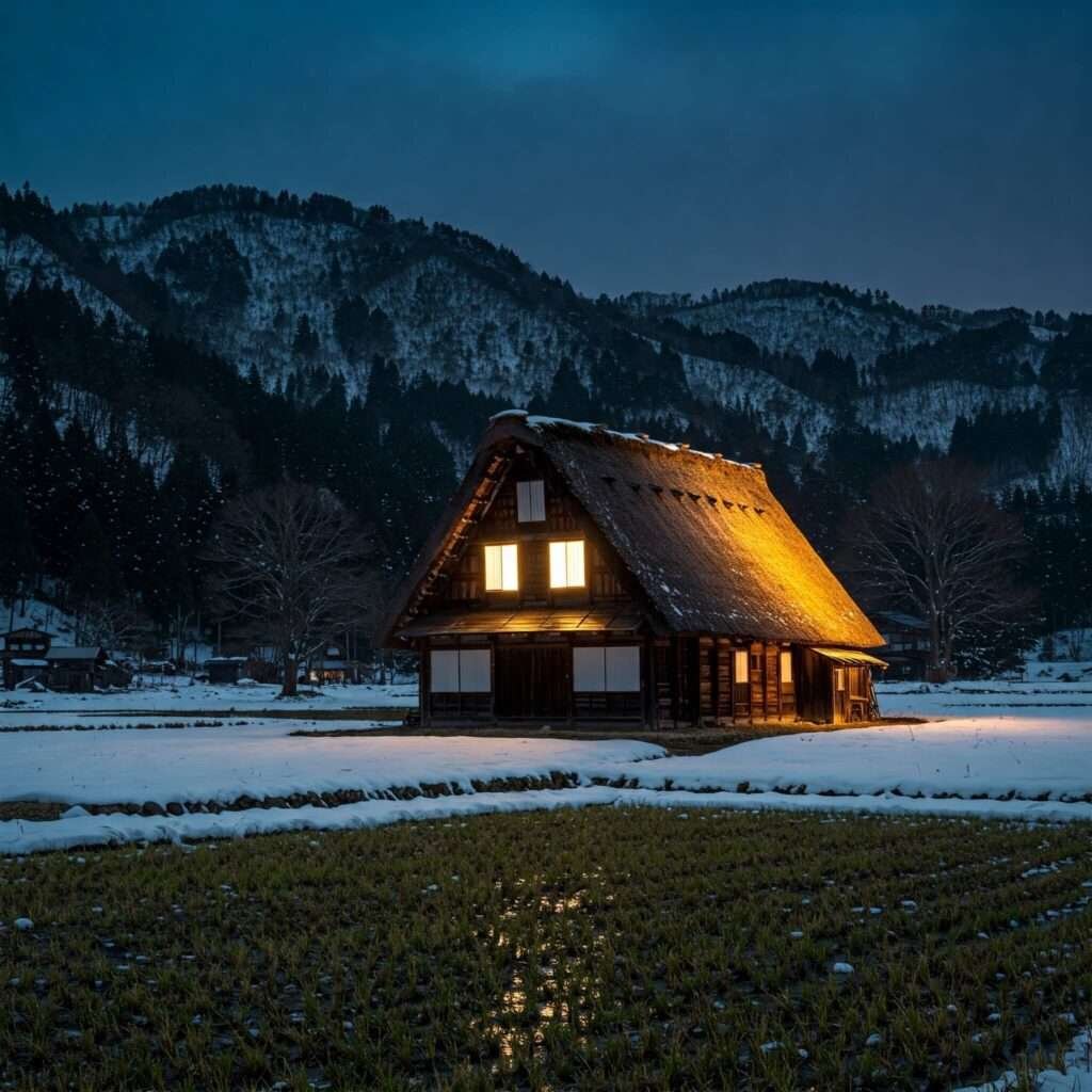 Glowing Gassho-zukuri Farmhouse at Dusk