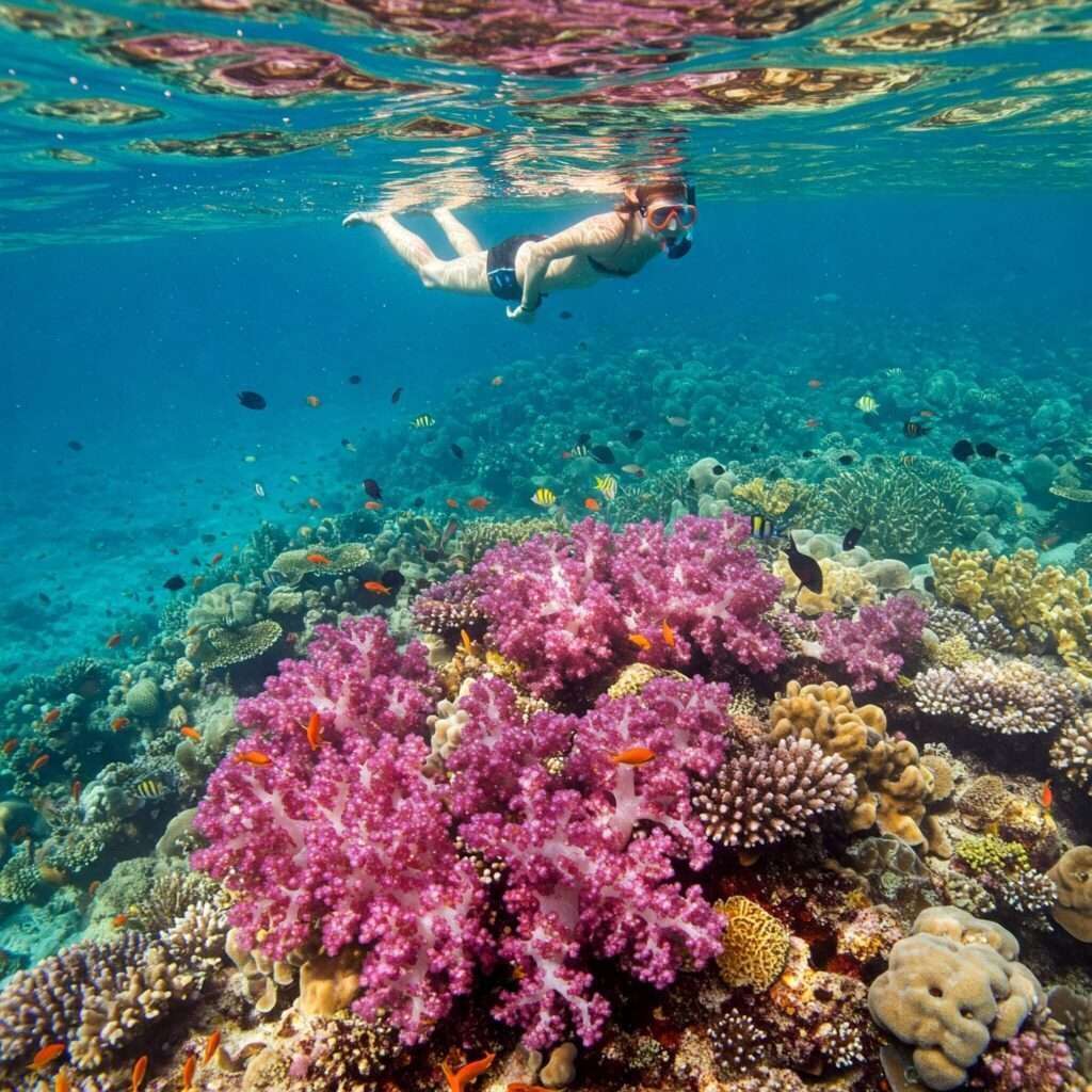 Snorkeler Among Coral Reefs