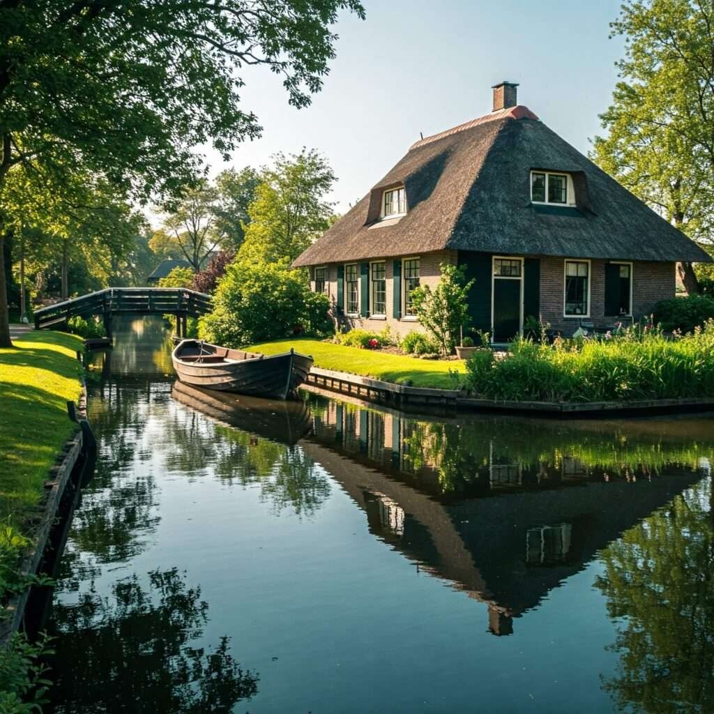Giethoorn Canal: Thatched Roof Cottage & Boat