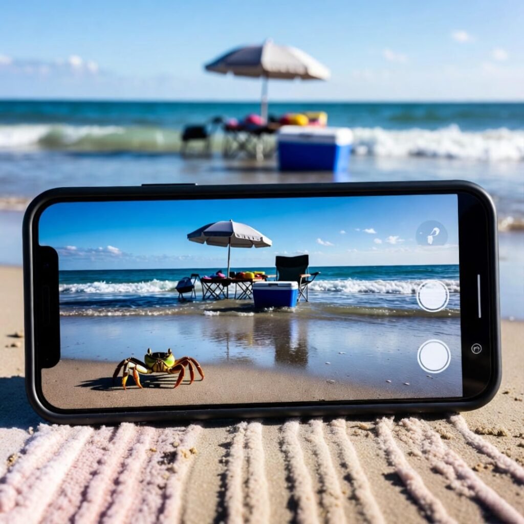 Rising tide nearing beach setup with crab nearby.