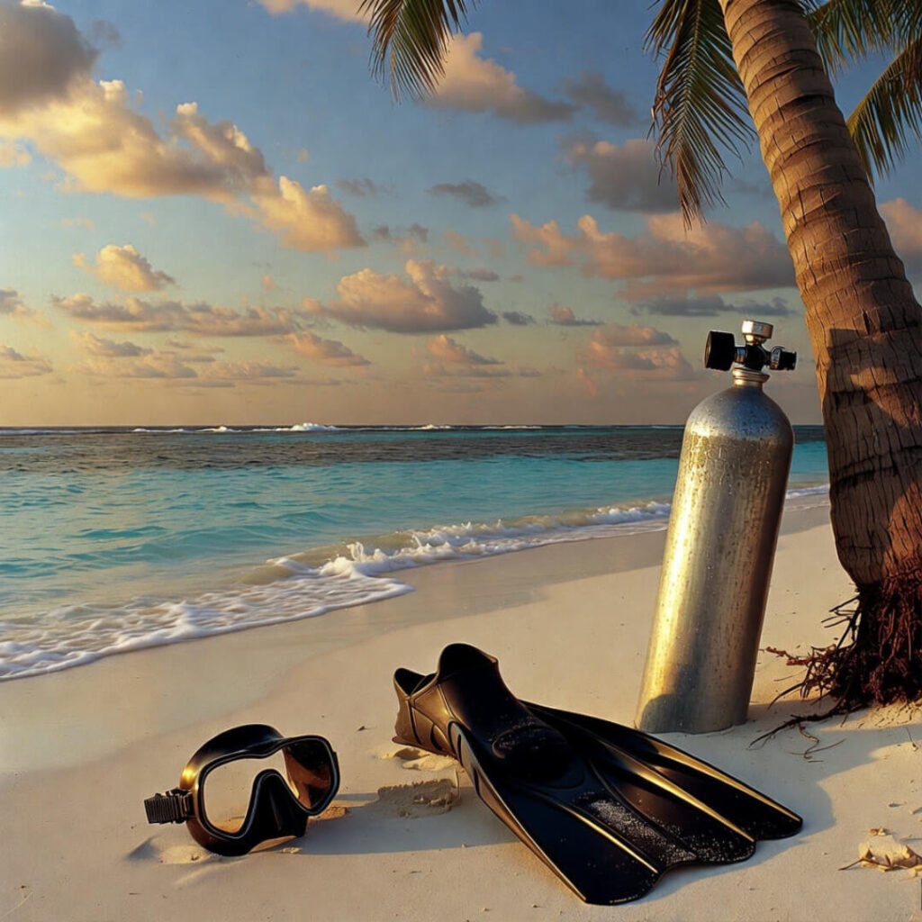Scattered dive gear on deserted golden-hour beach.