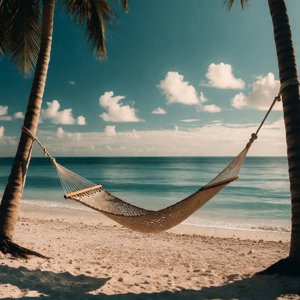 Empty hammock swaying over turquoise water on secluded shore.