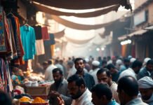 Crowded Dubai souk bargaining, locals in foreground.