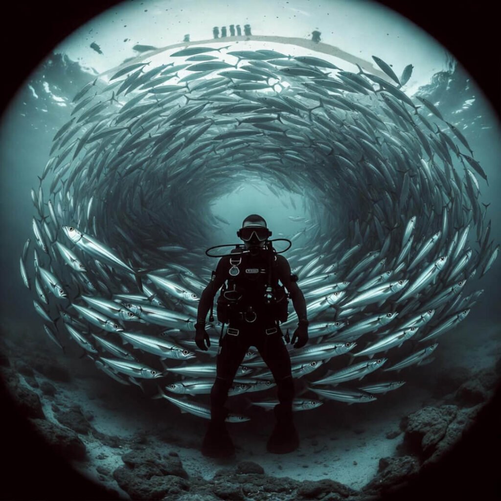 Diver silhouetted inside swirling barracuda tornado.