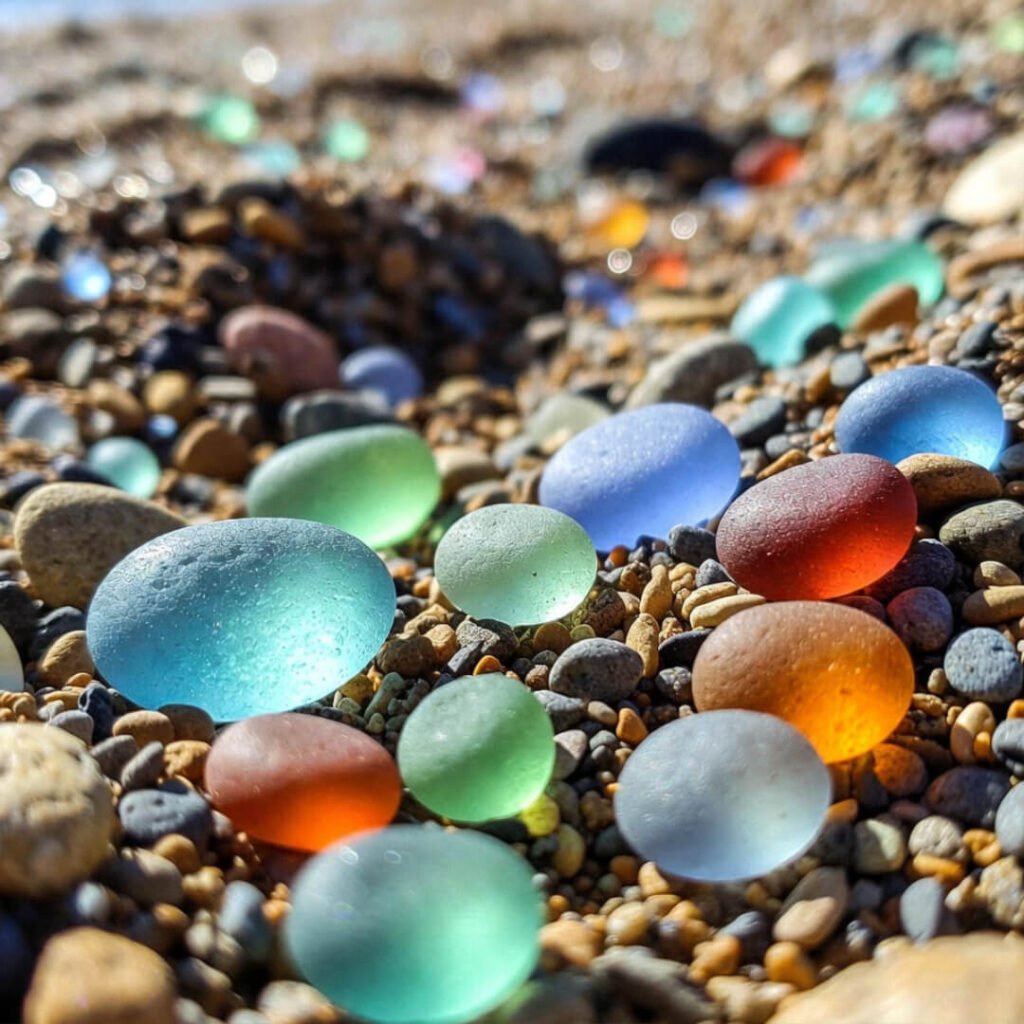 Close-up colorful sea glass scattered on pebbly shore.
