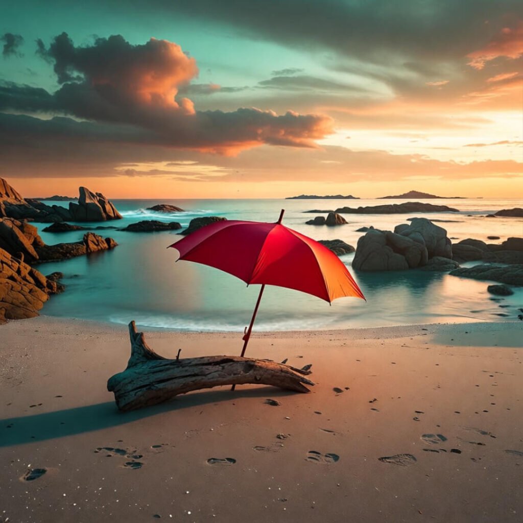 Hidden pebbled cove with turquoise water, driftwood figures, and forgotten red umbrella