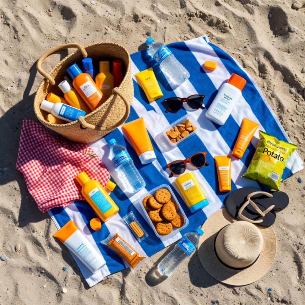 Messy overhead view of spilled beach bags and snacks.