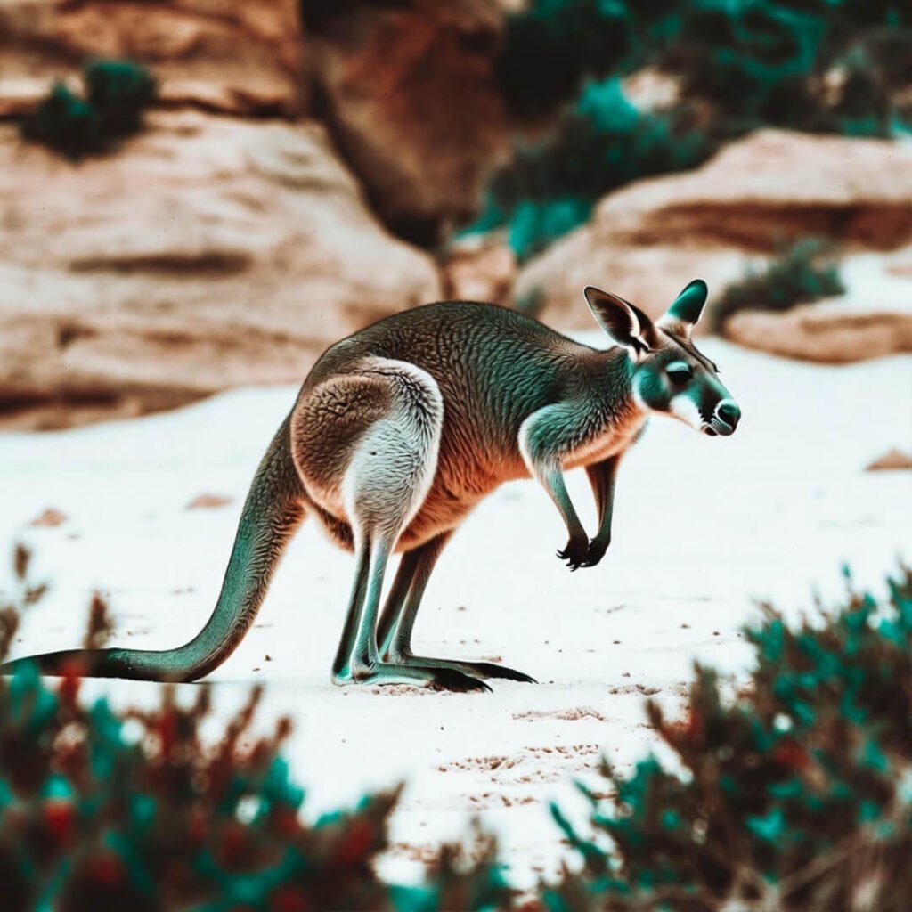 Kangaroo hopping on empty white-sand beach.