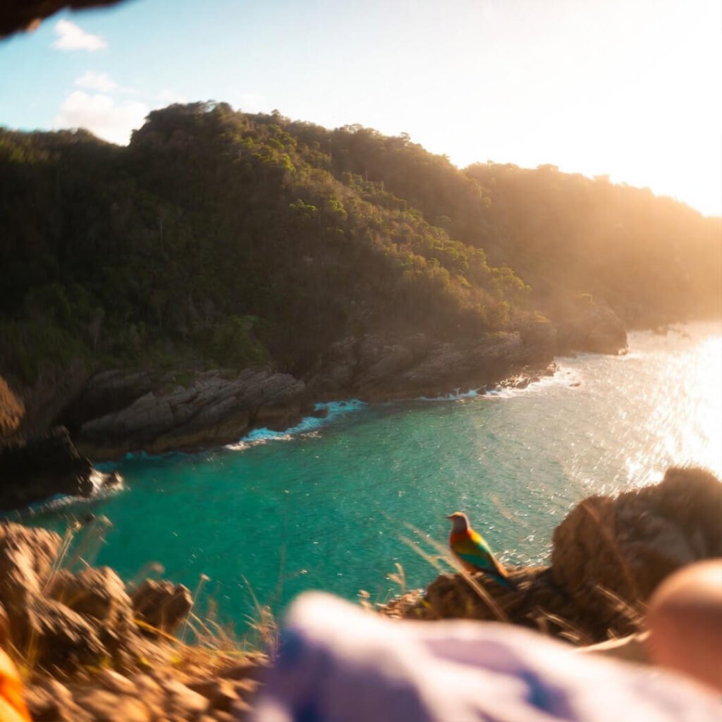 Dreamy turquoise cove hammock, macaws, mismatched flip-flop on sand