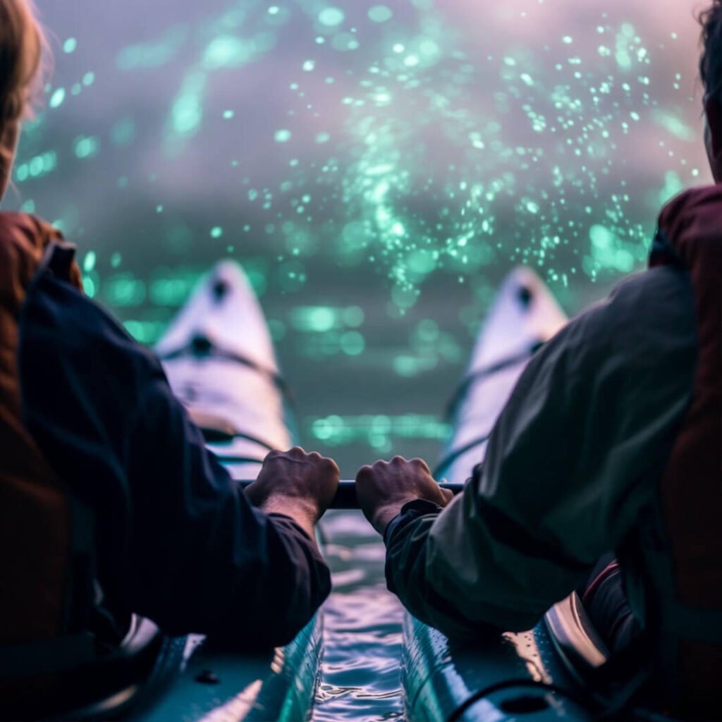 Hands paddling kayak through glowing bioluminescent waters.