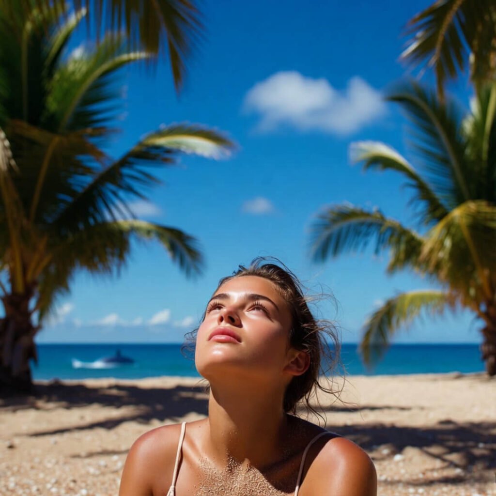 Relaxed person in sand gazing at distant whales