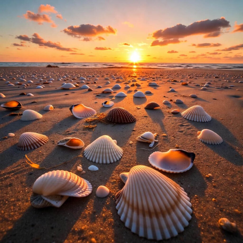Sunset glowing through scattered seashells on shore
