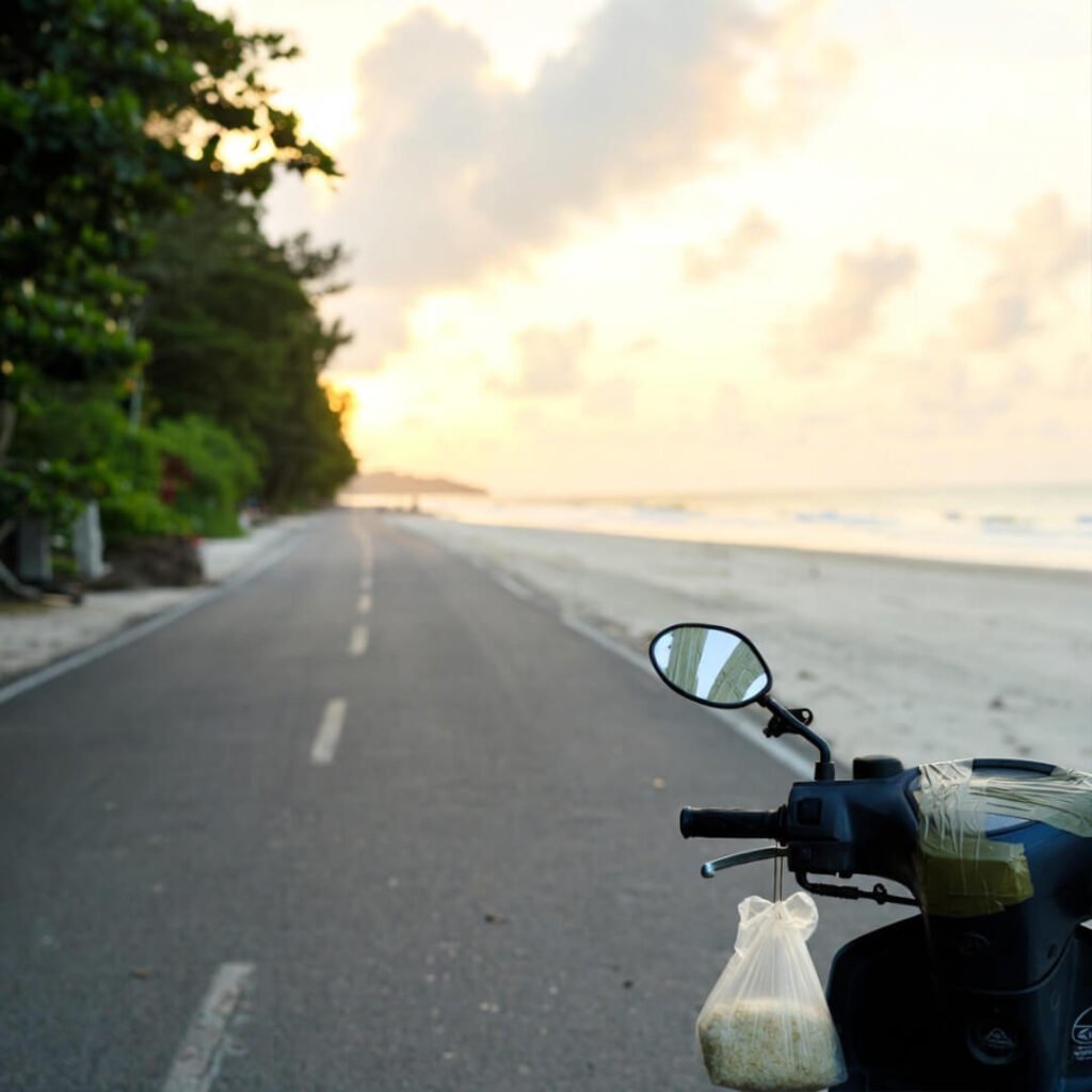 Serene empty Philippine beach with palm trees at sunset.