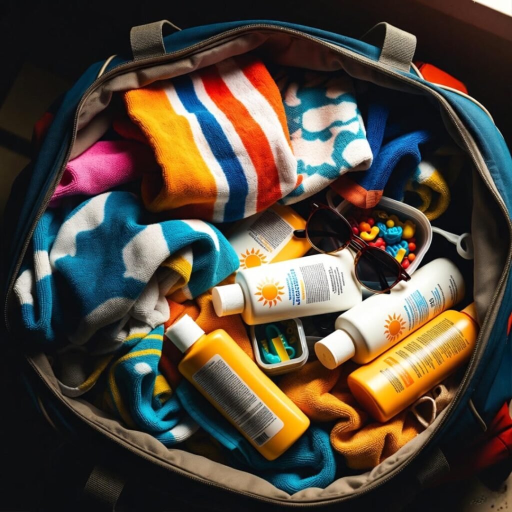 Overstuffed duffel spilling towels and sunscreen bottles.