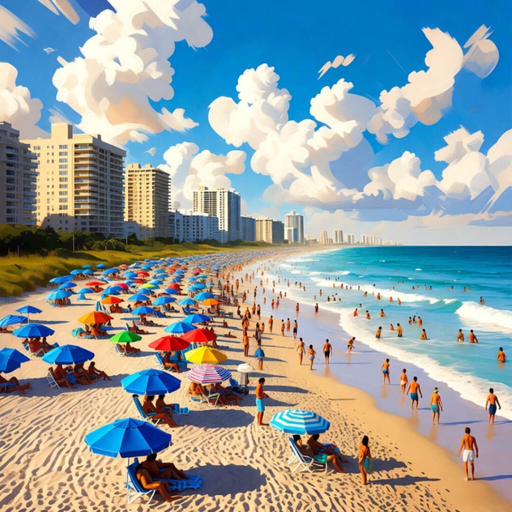 Crowded Miami beach from low lounger view