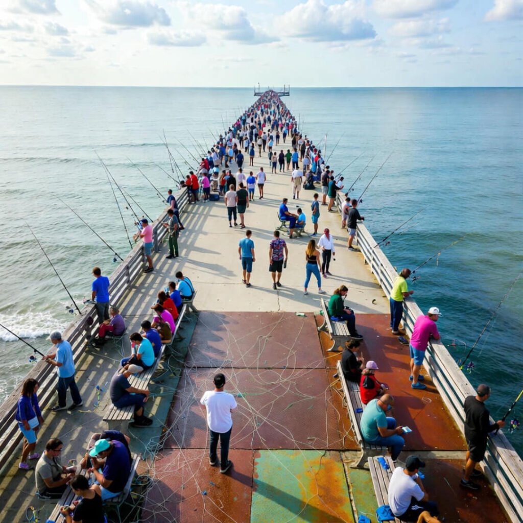 : Crowded pier with tangled fishing lines and families.