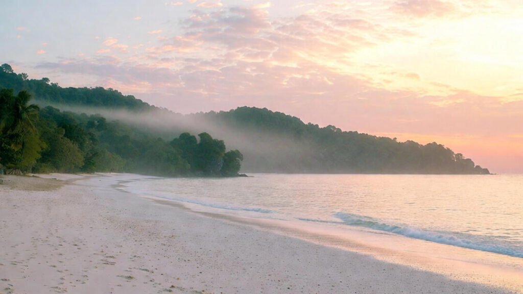 Quiet white-sand beach shoreline with gentle waves.