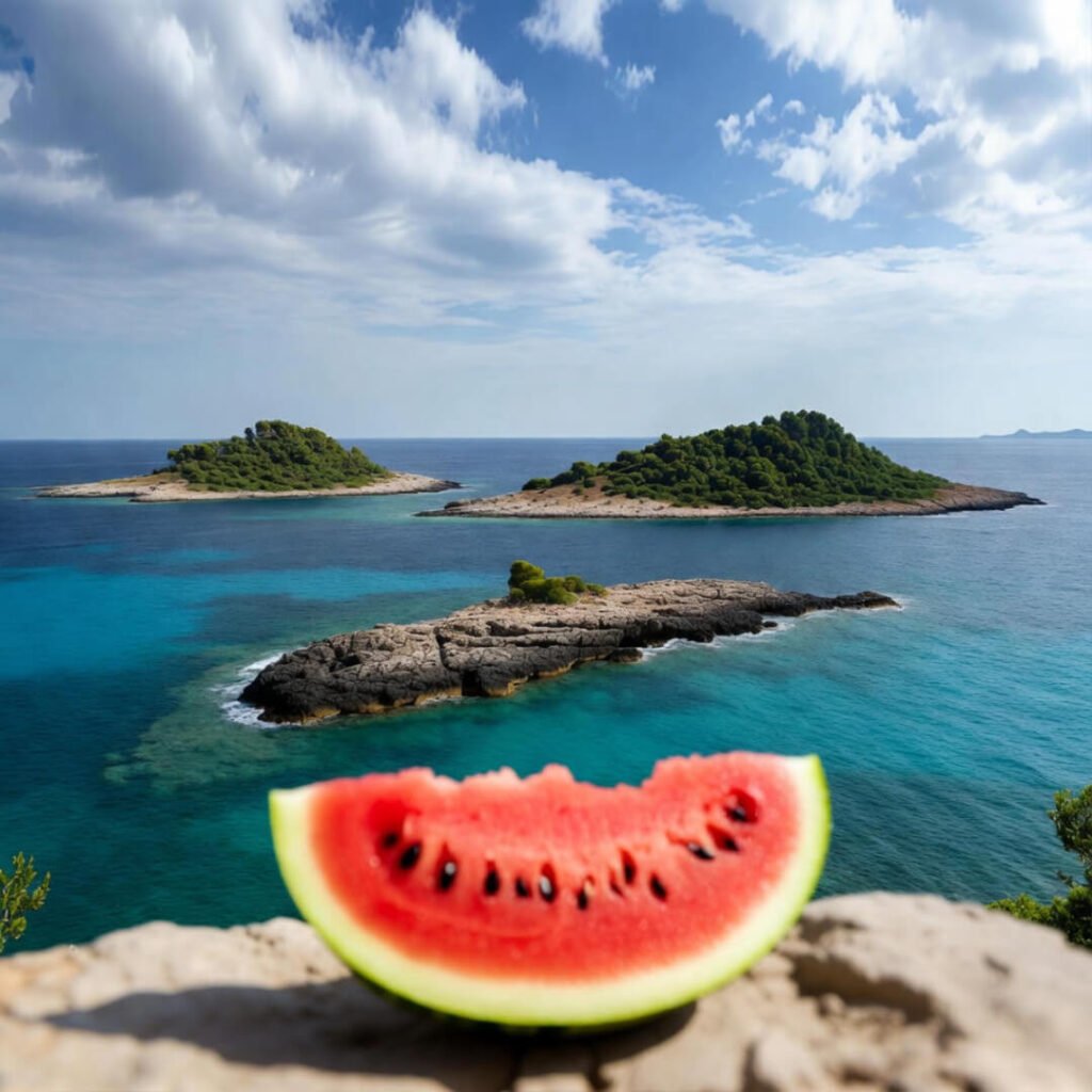 Watermelon slice overlooking Ksamil islands and sea.