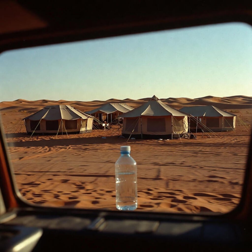 Desert camp view through dusty jeep window with bottle.