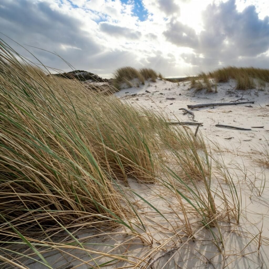 Hidden empty beach viewed through tall grass.