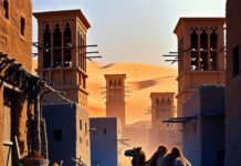 Camel strolling through colorful Dubai spice souk at sunset.