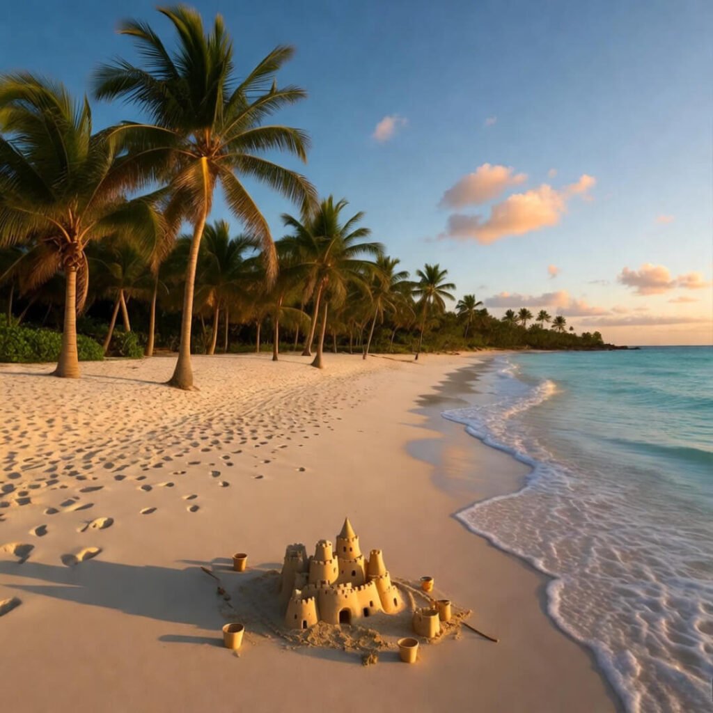 Tiny sandcastle on Grace Bay beach at golden hour.