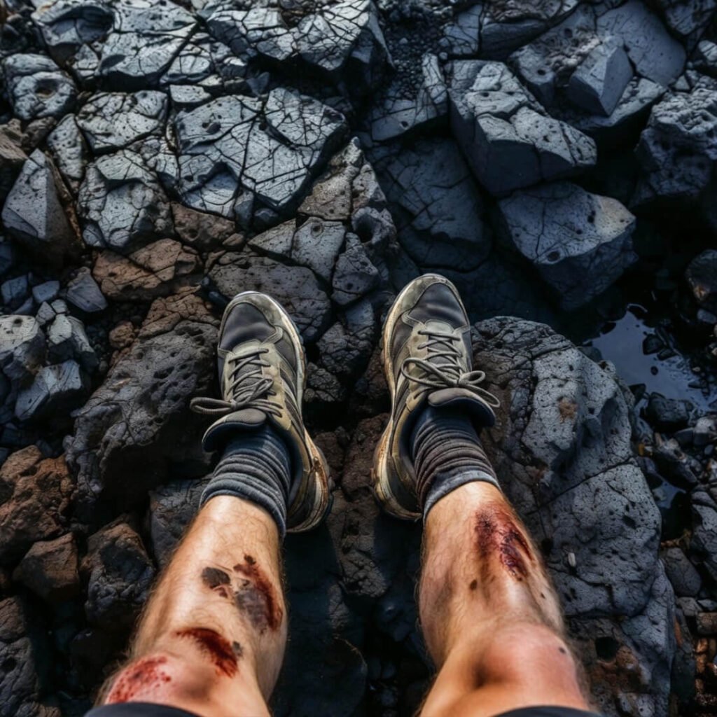 Scraped knees and muddy shoes on lava rock.