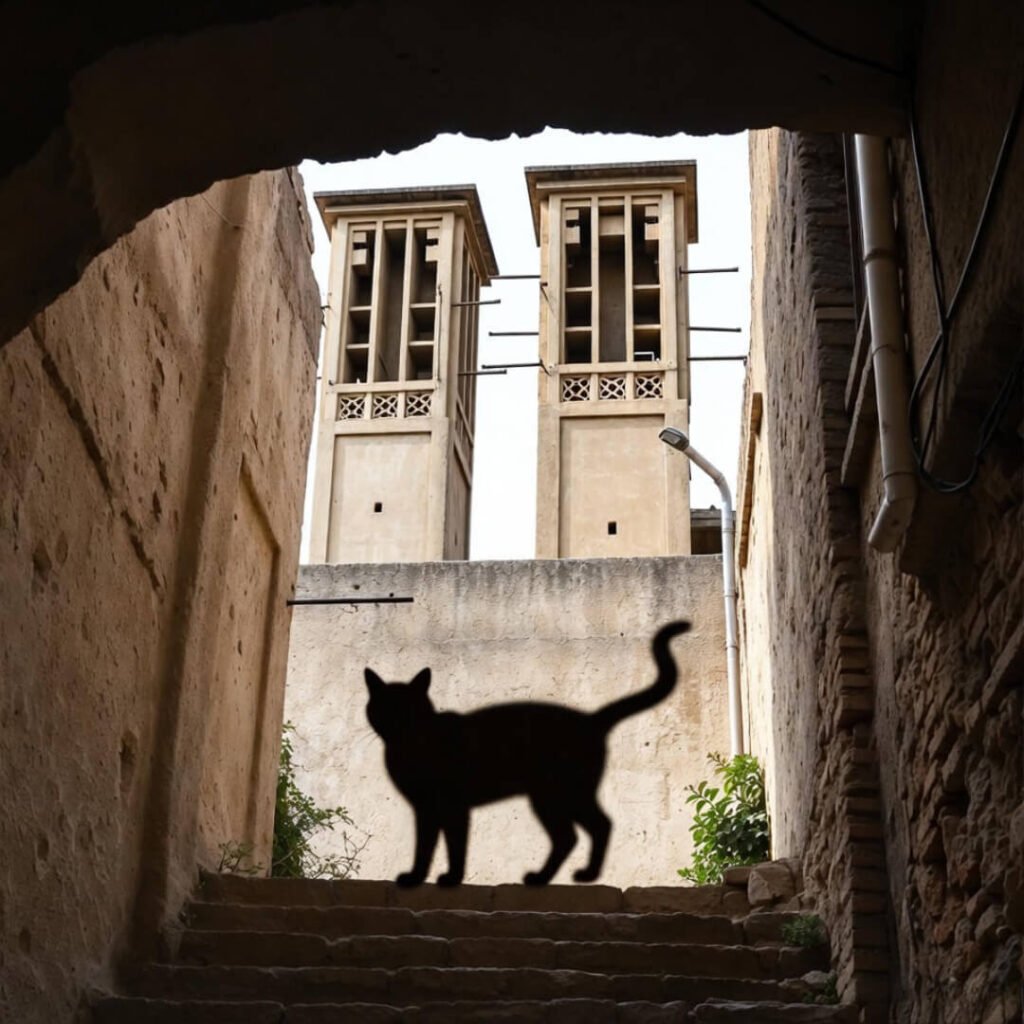 Stray cat shadow in narrow Al Fahidi alley with wind towers.