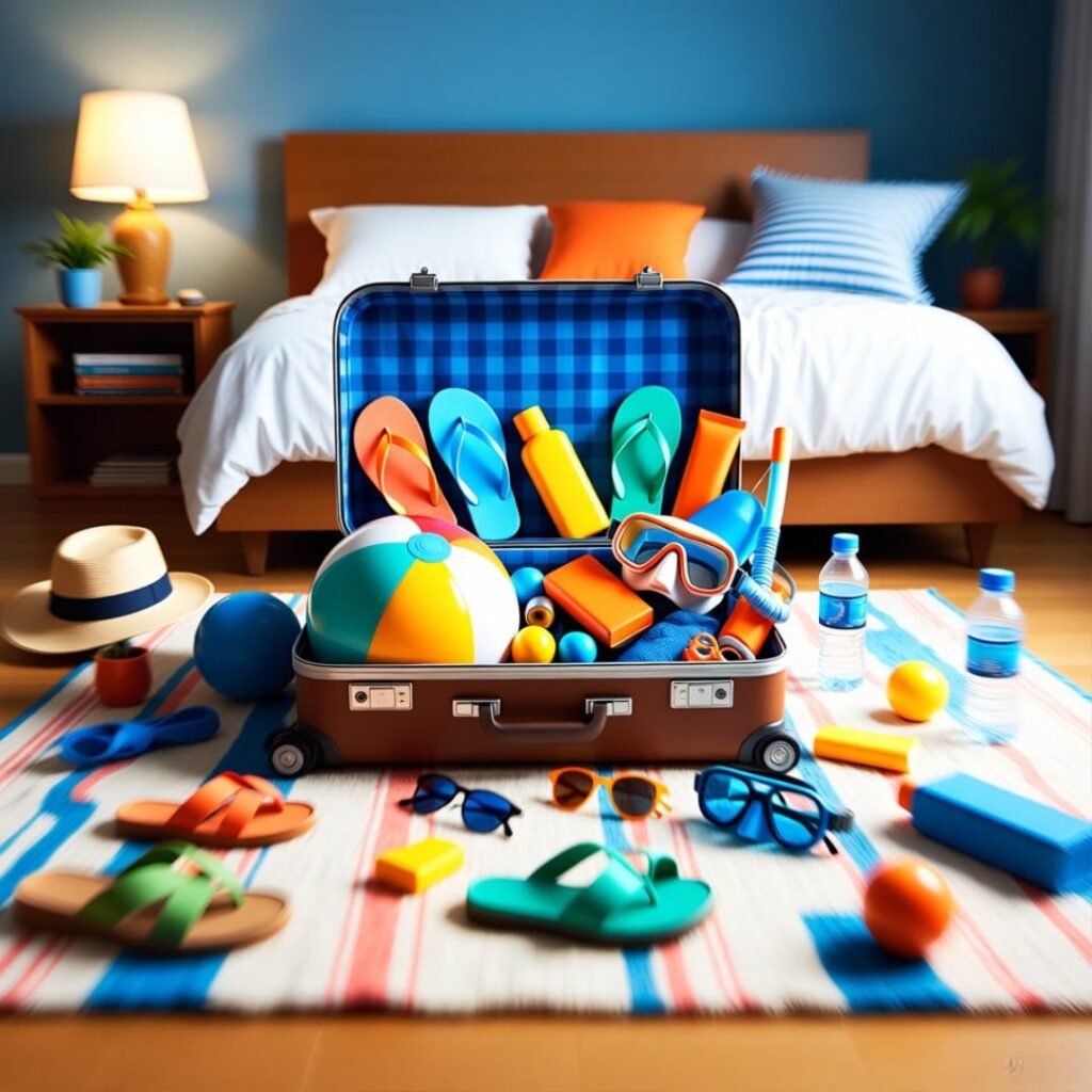 Scattered beach items on towel with sand.