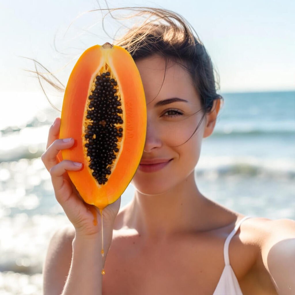 Selfie with dripping papaya at ocean shore.