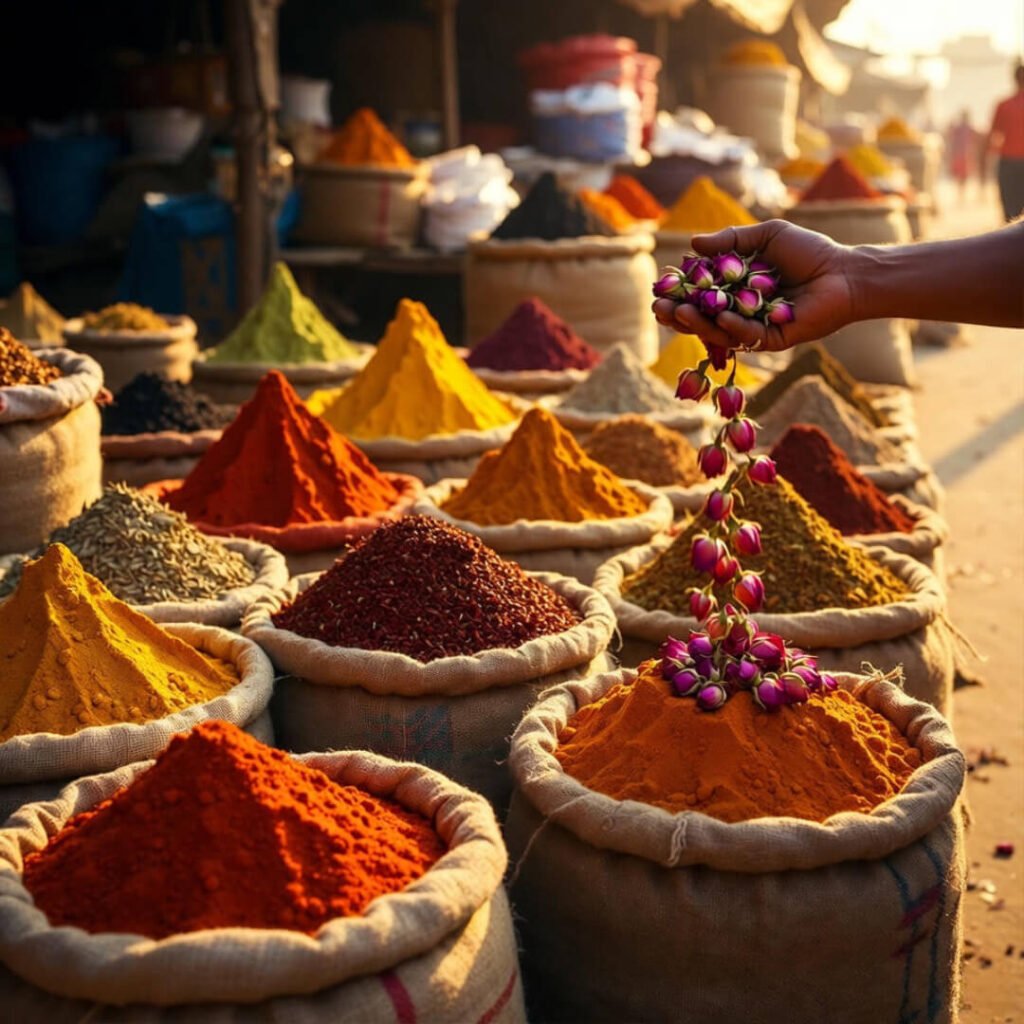 Vendor tossing dried roses onto vibrant spice piles.