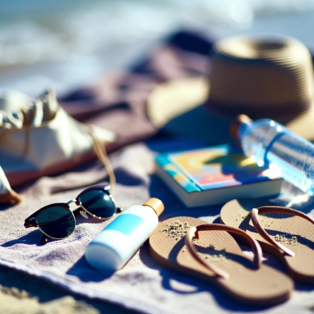 Overflowing suitcase with spilling beach gear.