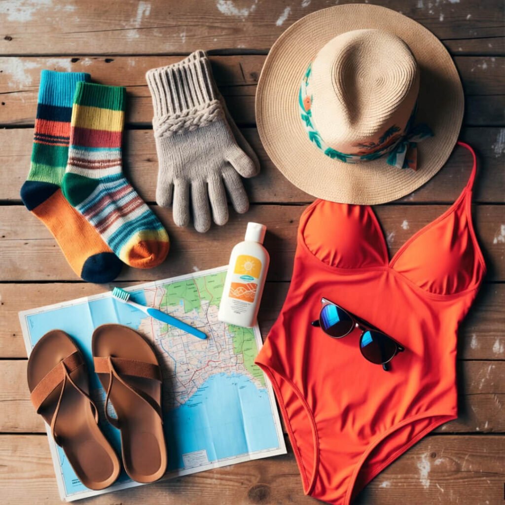 Messy suitcase with mismatched winter items.