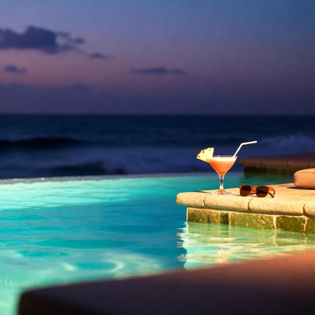 Infinity pool cocktail at Caribbean resort dusk.