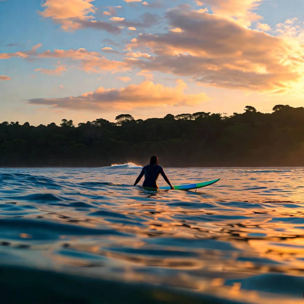 Surfer paddling into empty golden hour lineup, jungle ahead.