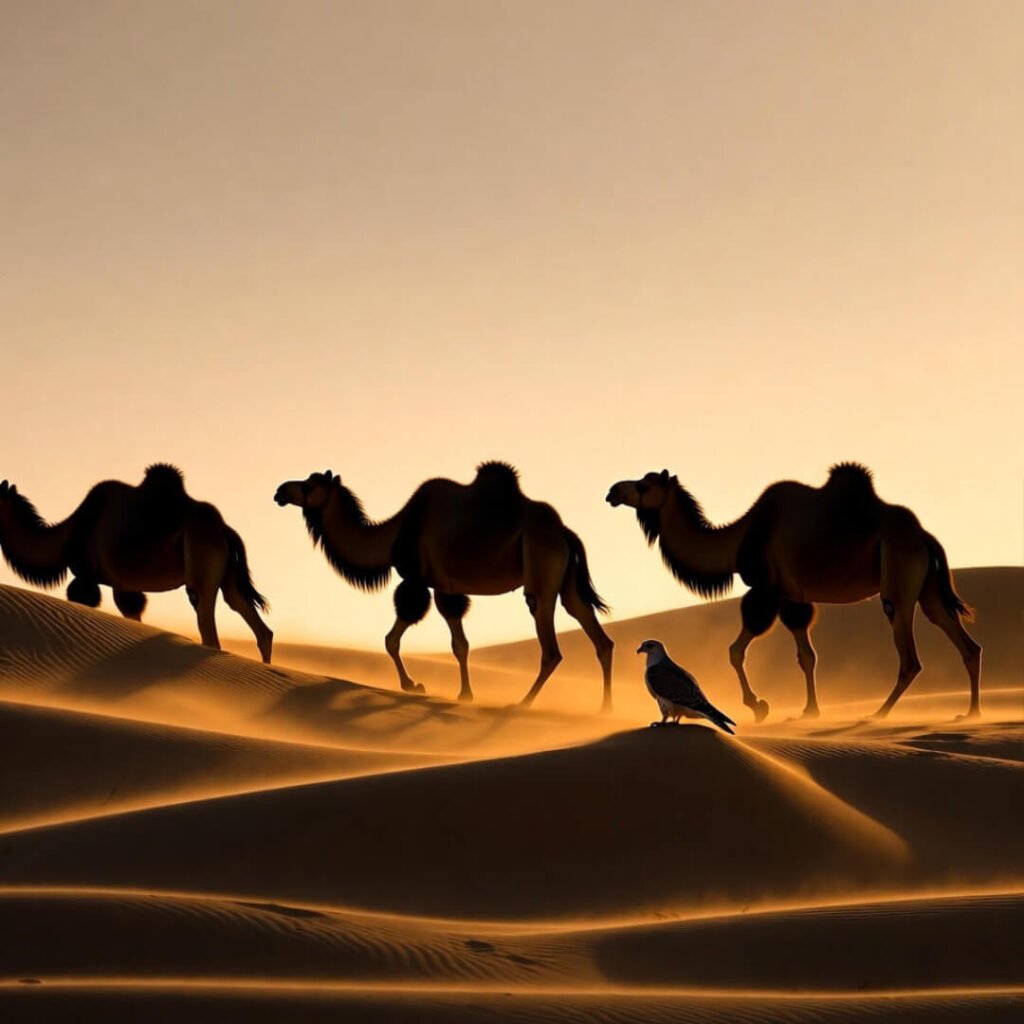 Falcon watching silhouetted camels at golden desert sunset.