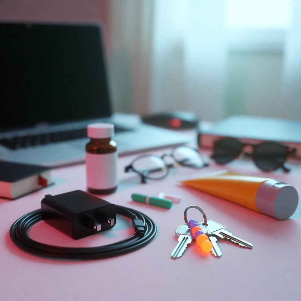 Forgotten charger and meds on table.