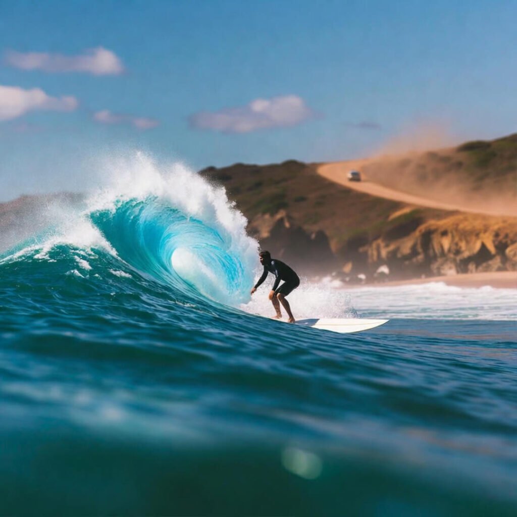 Surfer escaping closing wave with dusty road background.