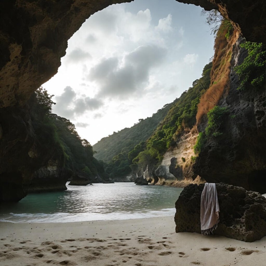 Hidden Lombok beach framed by dramatic cliffs and forgotten sarong.
