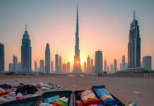 Open suitcase spilling snacks against Dubai sunset skyline.