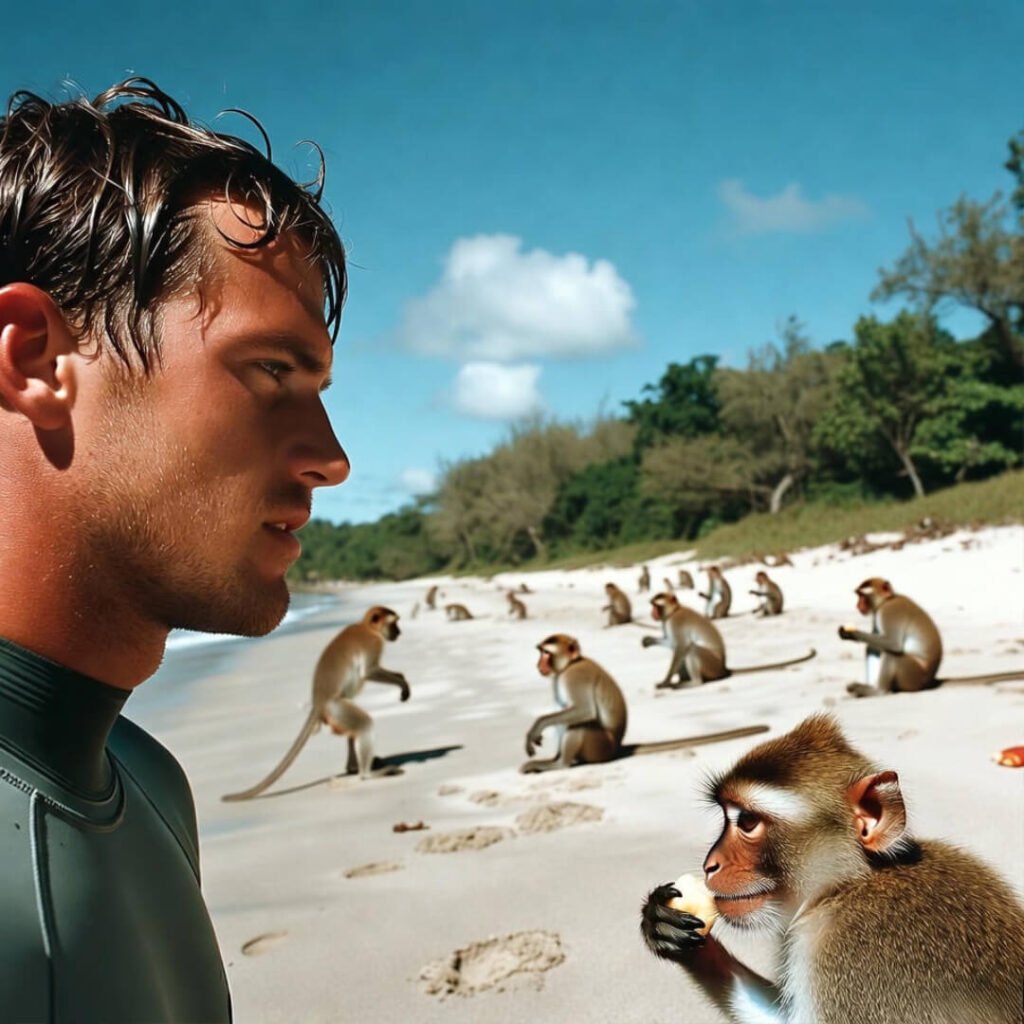 Surfer watching cheeky monkeys stealing fruit on beach.