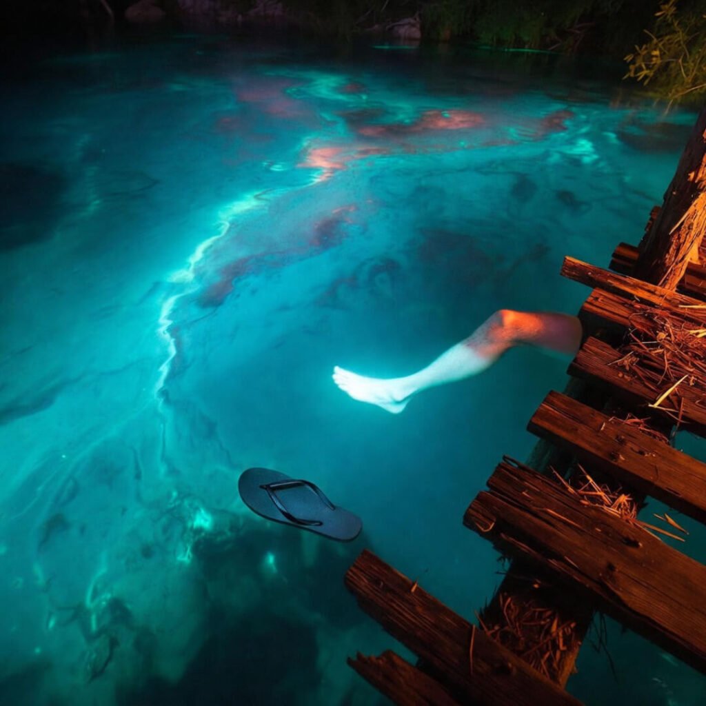 Pasty leg dangles over glowing bioluminescent water at night.
