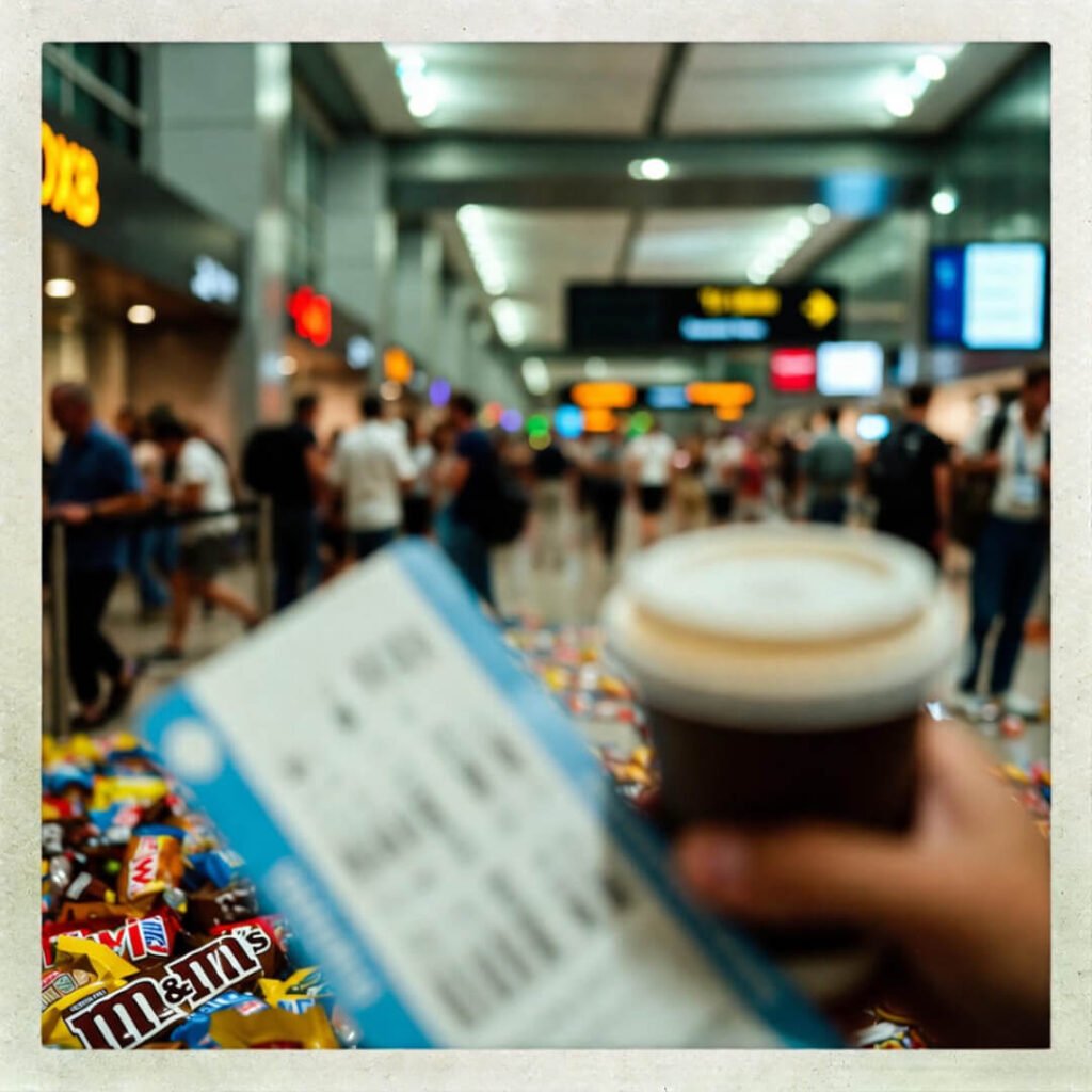 Crumpled boarding pass and coffee in busy DXB terminal.